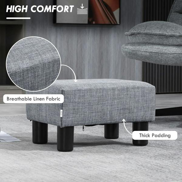 Grey linen ottoman footstool cube with black legs, thick padded top cushion