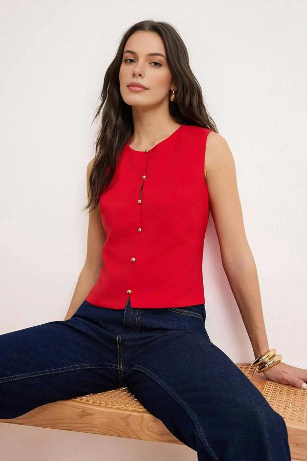 WOVCOR Front Stitched Woven Blouse with Button Detail