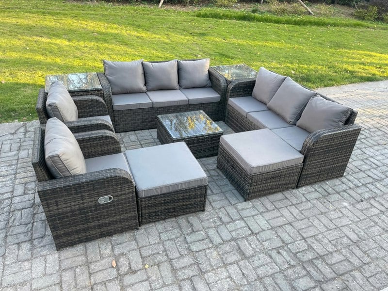 Fimous Dark Grey Mixed High Back Rattan Outdoor Lounge Set - Square Coffee Table, 2 Big Footstools & 2 Side Tables