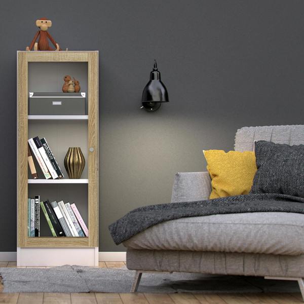 Furniture To Go Basic Low Narrow Display Cabinet in White (2 Shelves) with Glass Oak Door