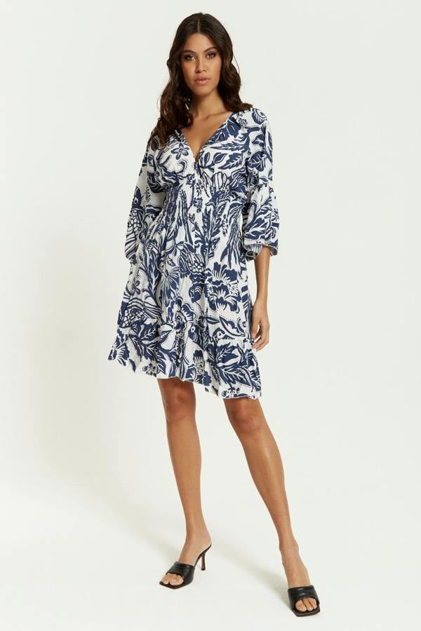 Hoxton Gal Oversized V Neck Detailed Floral Print Mini Dress in Navy and White