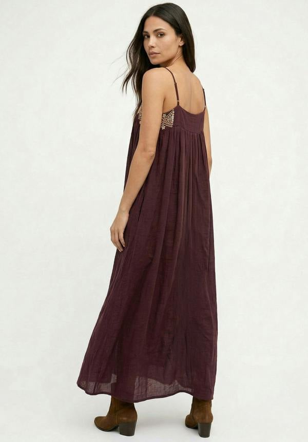 Raffya Sapphire Spaghetti Strap Embroidered Maxi Dress In Aubergine