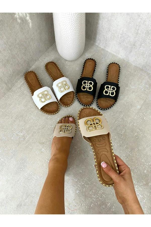 Abby Sparkle Buckle Gold Studded Flat Sandals - Beige