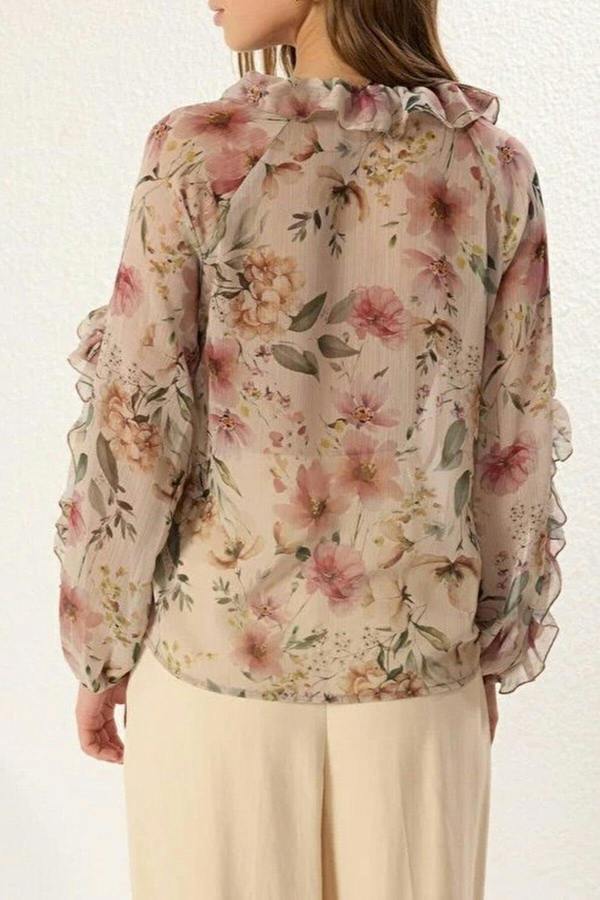 WOVCOR Chiffon Transparent Floral Ruffled Woven Shirt