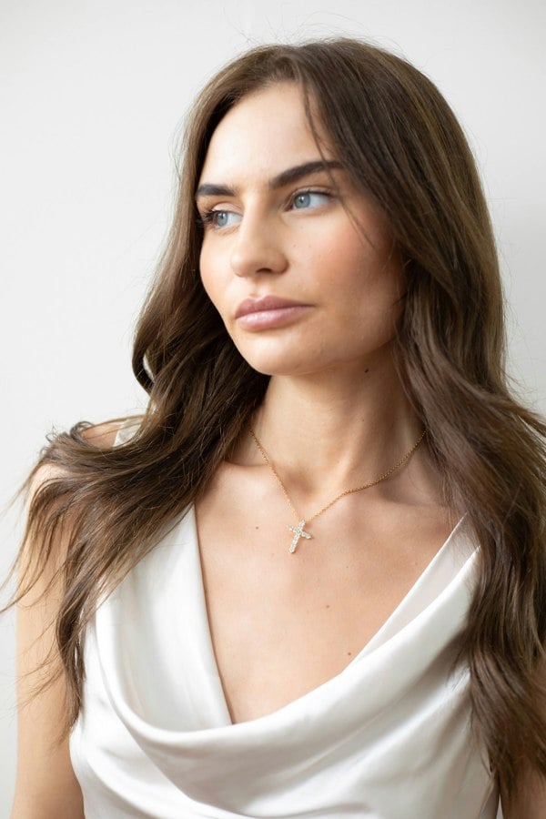 SVNX Diamante Cross Necklace in Gold Colour