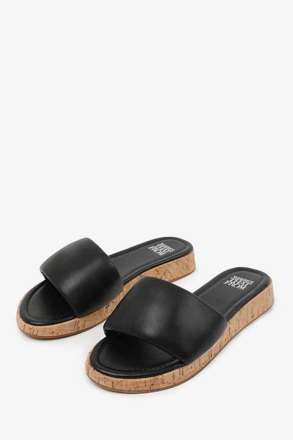 Where's That From Julia  Flatform Sliders Sandal in Black Faux Leather