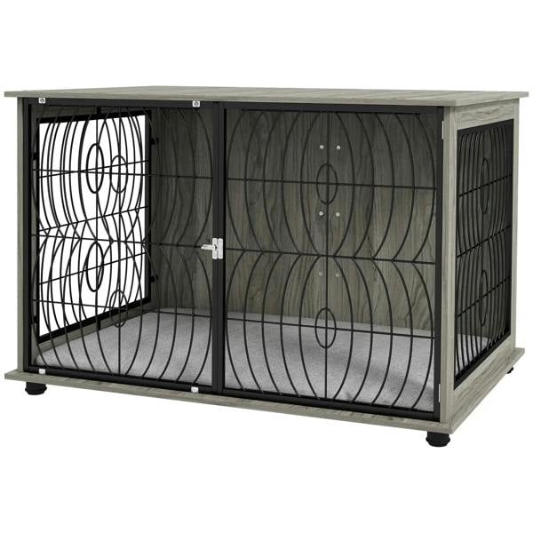 Grey dog crate end table with black wire doors and plush washable cushion