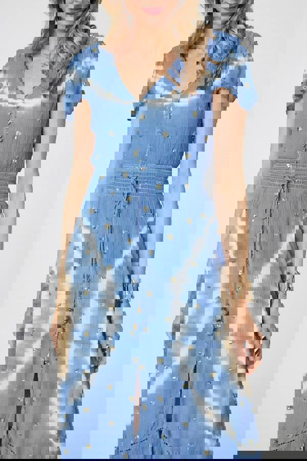 Blue | Tie Dye Print Shirred Tie Waist Midi Dress
