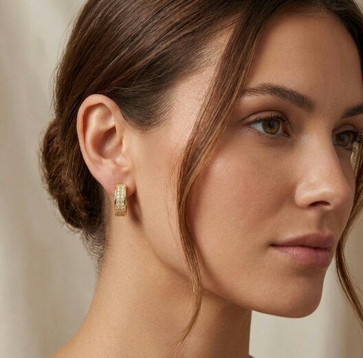 The Colourful Aura Gold Double Row Pavé Crystal Huggie Hoop Earrings | 1cm Brass Hoops
