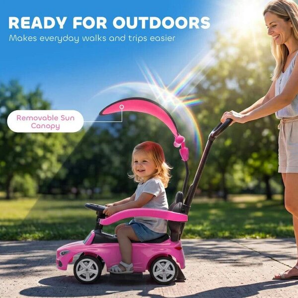 4 in 1 Licensed Benz Ride on Push Car with Handle, Canopy, Guardrails, Horn, Music, Storage for 12-36 Months, Pink