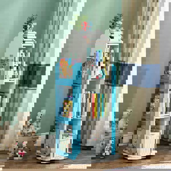 Living and Home House Frame Rotating Bookshelf Storage Rack - Blue