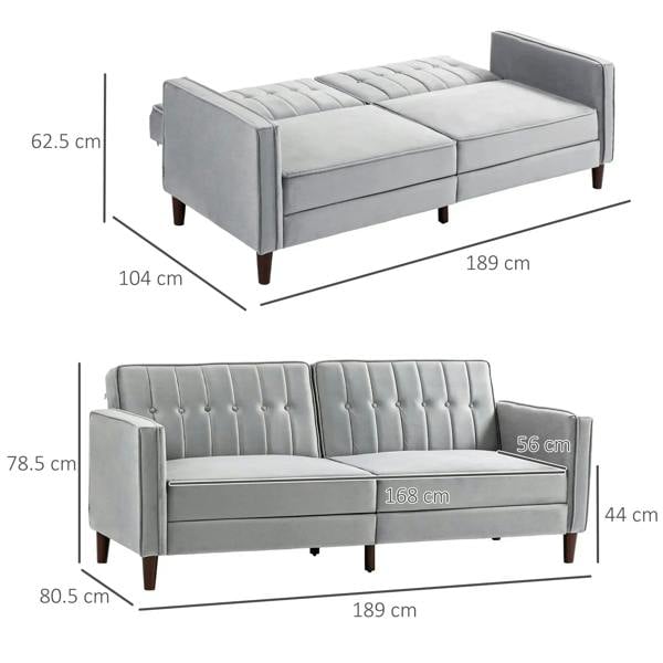 Light grey convertible futon sofa loveseat with tufted back and wooden tapered legs