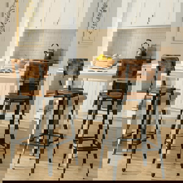 Modcraft Bar Stool Set of 2 Rustic Brown & Black Industrial Kitchen Chairs with Backrest & Footrest