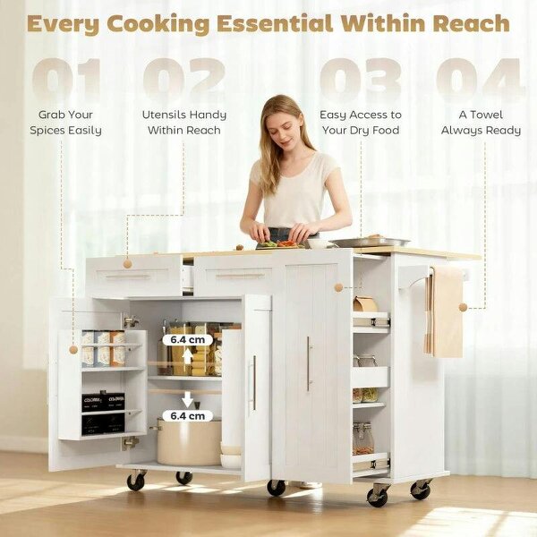 Kitchen Island, Rolling Kitchen Cart with Drop Leaf, Storage Trolley, Pull-out Storage, Drawers and Towel Rack, White