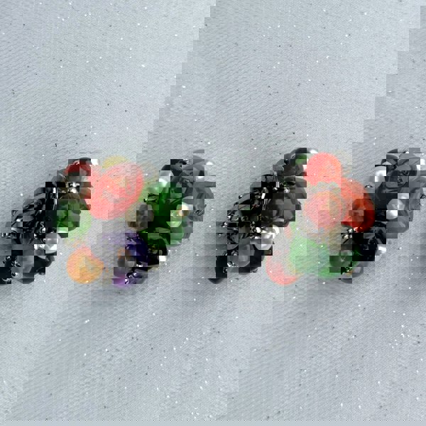 Colourful clip-on earrings, cluster bead design, orange green purple and pearl beads, gold-tone accents, bold statement jewellery, vintage-inspired accessory
