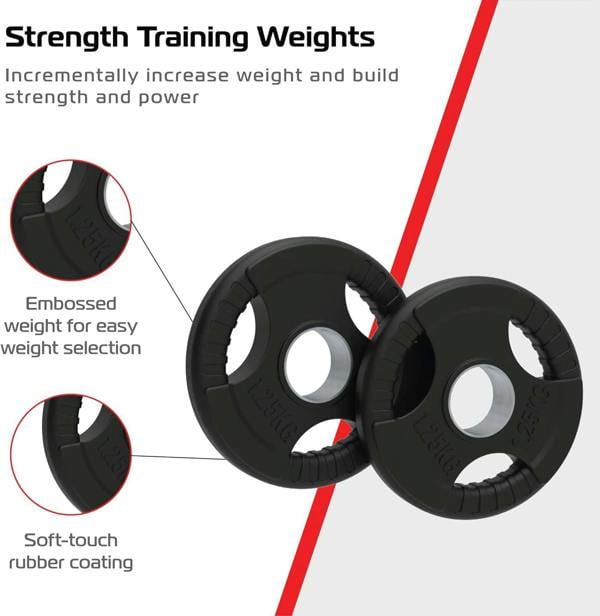 25kg Olympic tri-grip rubber weight plates in black, featuring embossed weight markings and a soft-touch rubber coating for easy handling