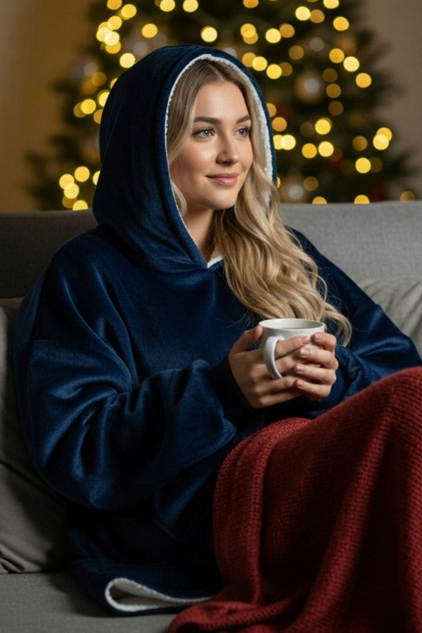 Camille Womens Navy Supersoft Sherpa Fleece Hoodie with Elasticated Cuffs & Giant Pocket