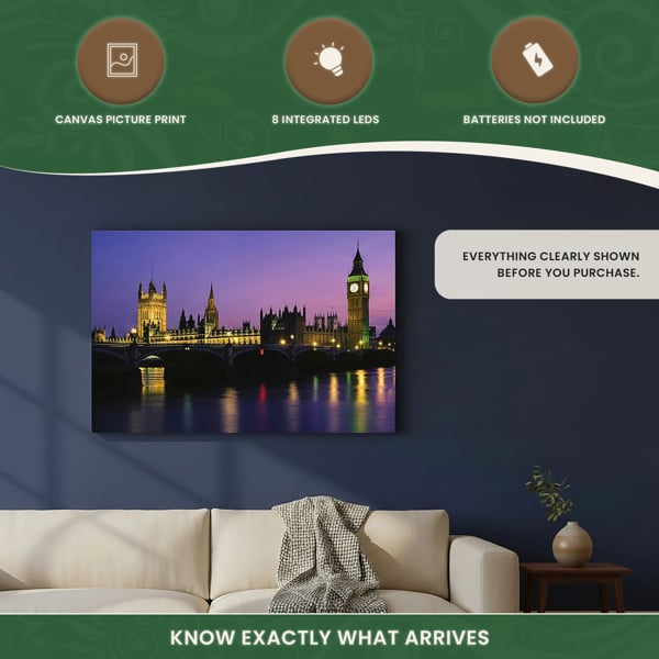 Houses of Parliament Canvas Picture Print with 8 LED Lights, 60 x 40 cm, Stretched Wooden Frame, Battery Powered