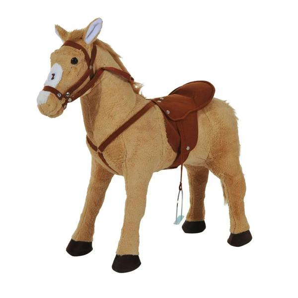 Beige plush ride-on standing horse toy with brown saddle, bridle, and reins