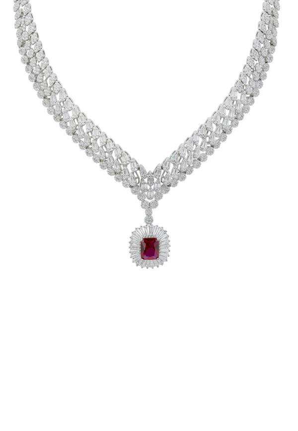 Halo ruby centerpiece diamond necklace.