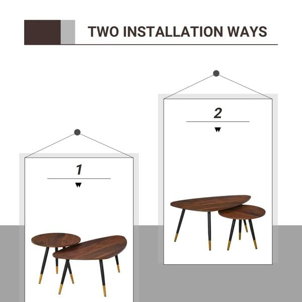 Two walnut coffee tables showing separate and nested setup with black legs