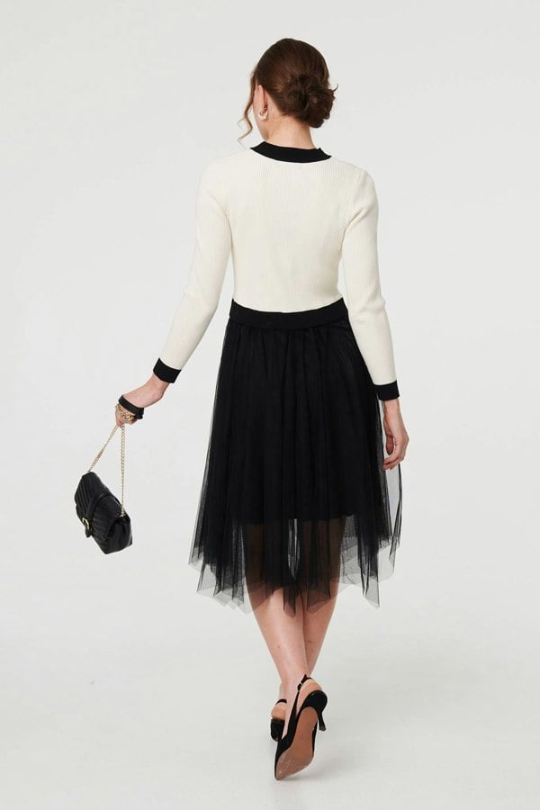 Black And White | Button Front Mesh Textured Jumper Dress
