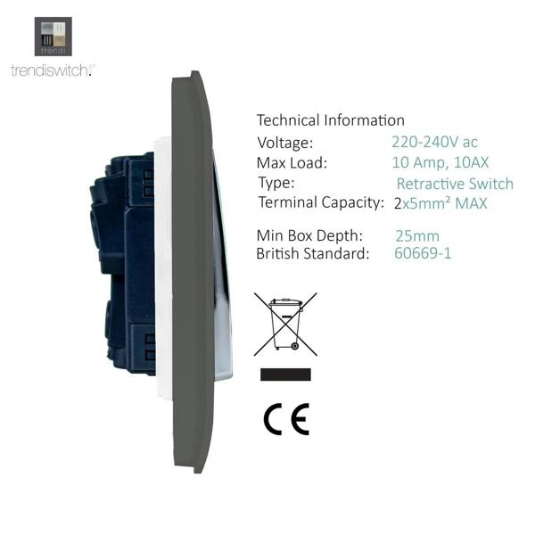 Trendi Switch 2 Gang Retractive Home Automation Switch in Charcoal Grey