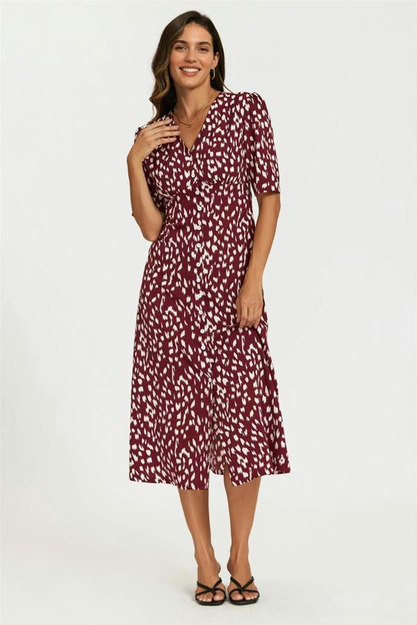 FS Collection Brushstroke Print Button Front Midi Dress In Burgundy