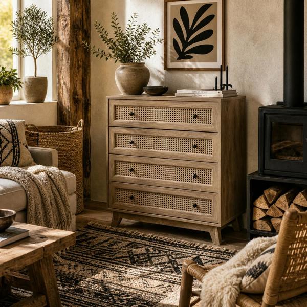 Wyld Haus Mohetak Wood and Rattan 4 Drawer Storage Chest