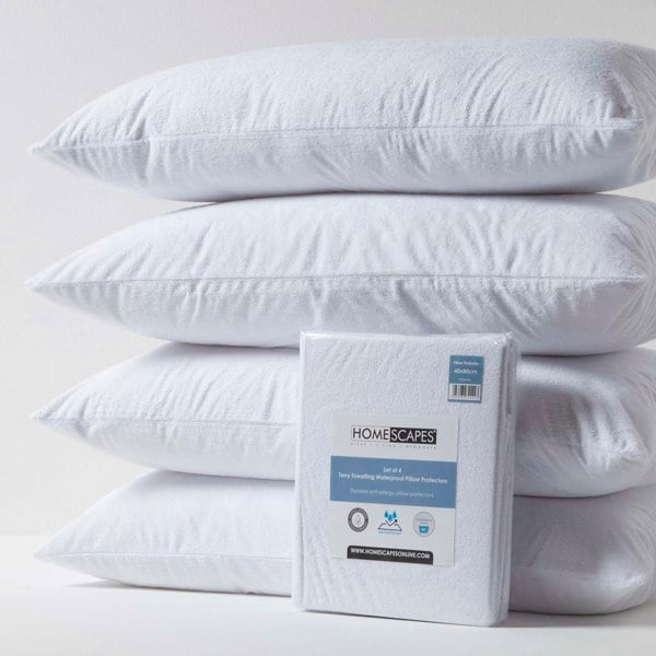 HOMESCAPES Terry Towelling Waterproof Pillow Protectors Pack of 4