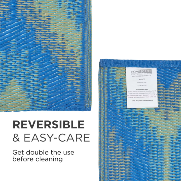 HOMESCAPES Outdoor Rug Luxury Waterproof Reversible Recycled, For Garden, Amber Ikat