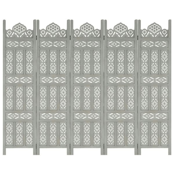 Berkfield Hand carved 5-Panel Room Divider Grey 200x165 cm Solid Mango Wood