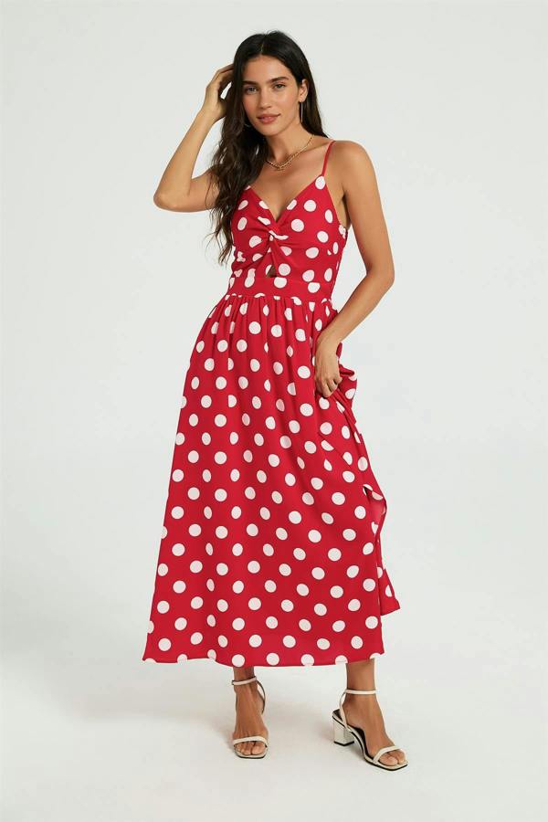 FS Collection Dot Print Knot Front Midi Dress In Red