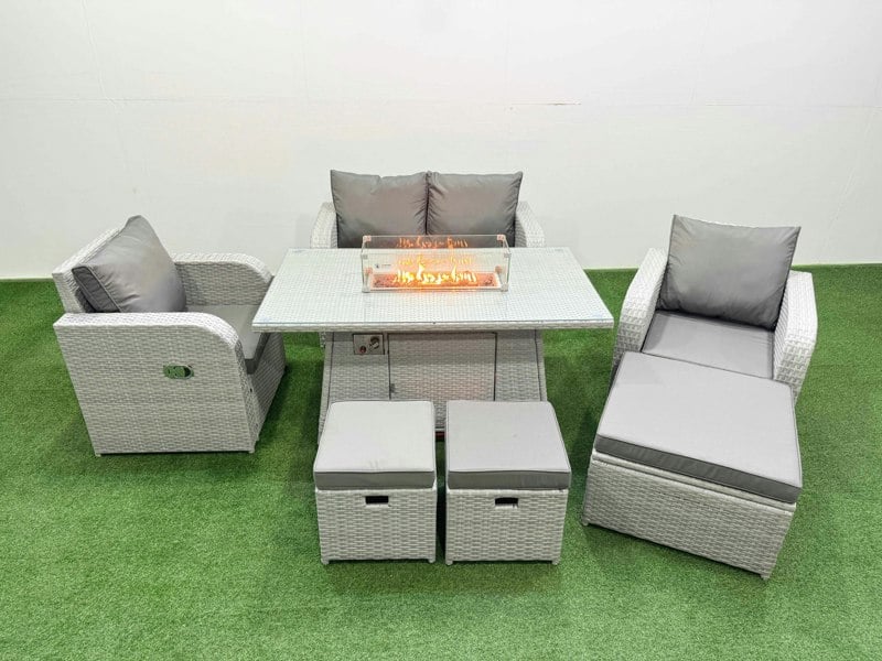 Fimous Light Grey PE Wicker Rattan Garden Furniture Set Sofa Set Reclining Chair Fire Pit Dining Table 7 Seater 3 Stools