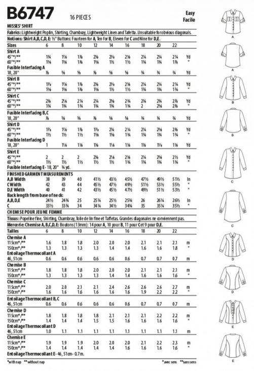 Butterick Sewing Pattern 6747, Shirts for Women, AA (6-8-10-12) - Easy