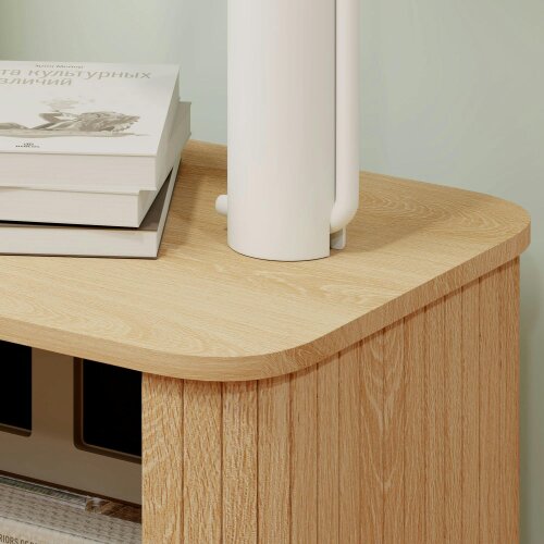 Wyld Haus Ritava Natural Oak Tambour Bedside Table 2 Sliding Doors Black Metal Legs