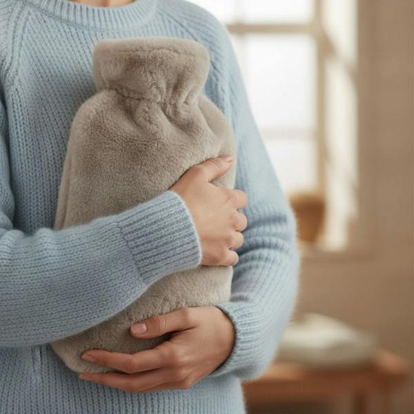 A person wearing a light blue knit sweater holding a fluffy, premium beige sheepskin hot water bottle against their chest in a cozy, sunlit room.