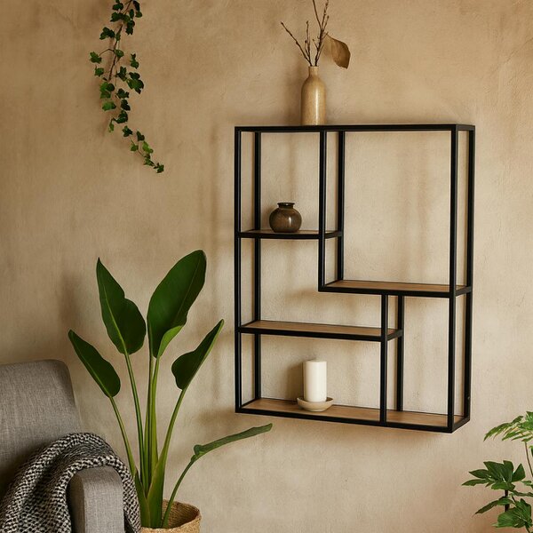 Wyld Haus El Paso Black Metal and Wild Oak Veneer Wide Wall Bookcase 3 Shelves
