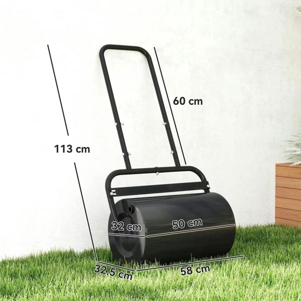 Black steel lawn roller with fillable cylinder and front wheel, shown on grass