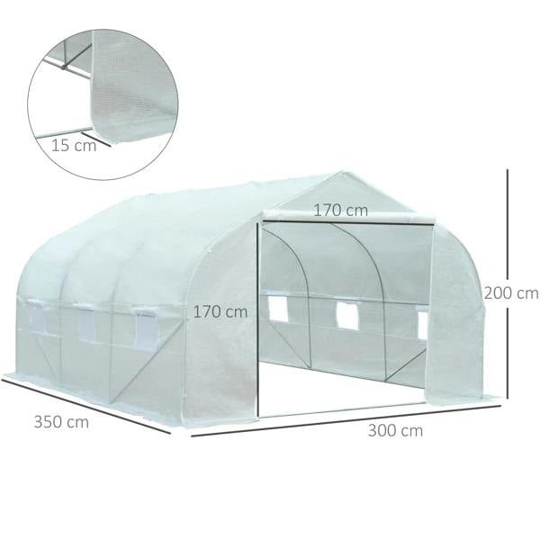 White walk-in greenhouse tunnel with front door opening and translucent side panels