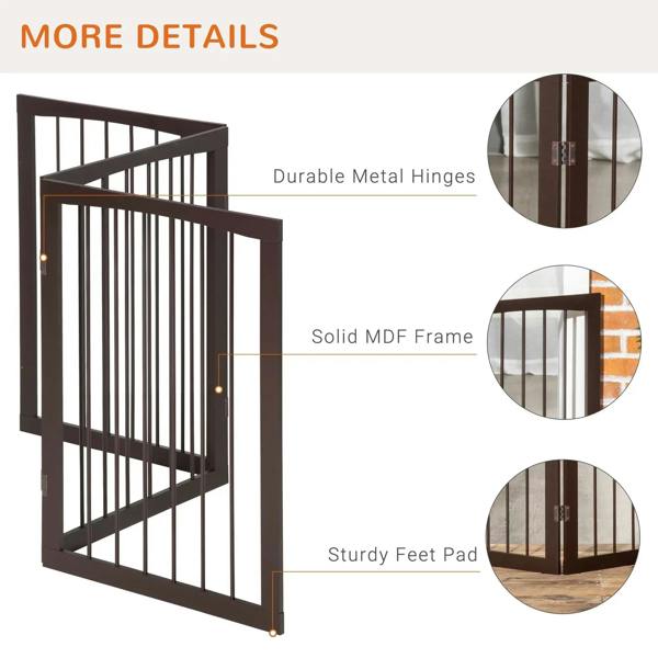 Brown foldable dog gate close-up with metal hinges and sturdy base pads