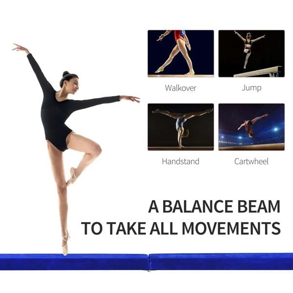 Blue gymnastics balance beam with performer balancing on one foot