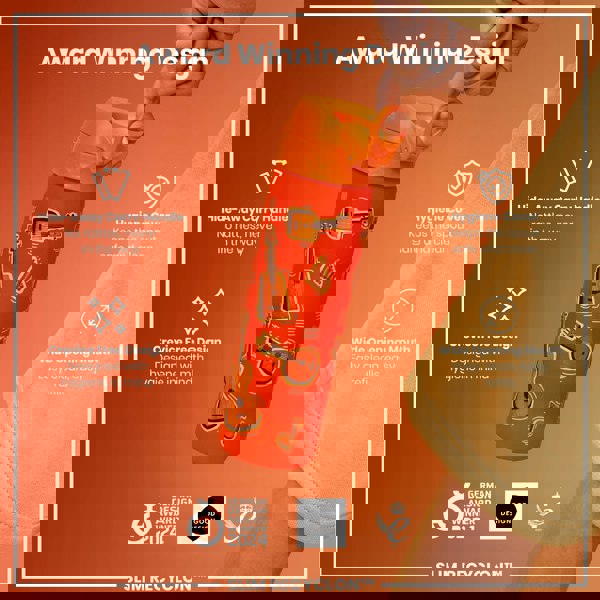 An orange water bottle, with a handle and musical instrument design, is being held. Its features are highlighted, including a hide-away handle, hygiene cover, and wide mouth. It's an award-winning design.