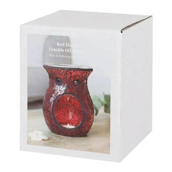Red crackle glass oil burner and wax warmer in retail box packaging