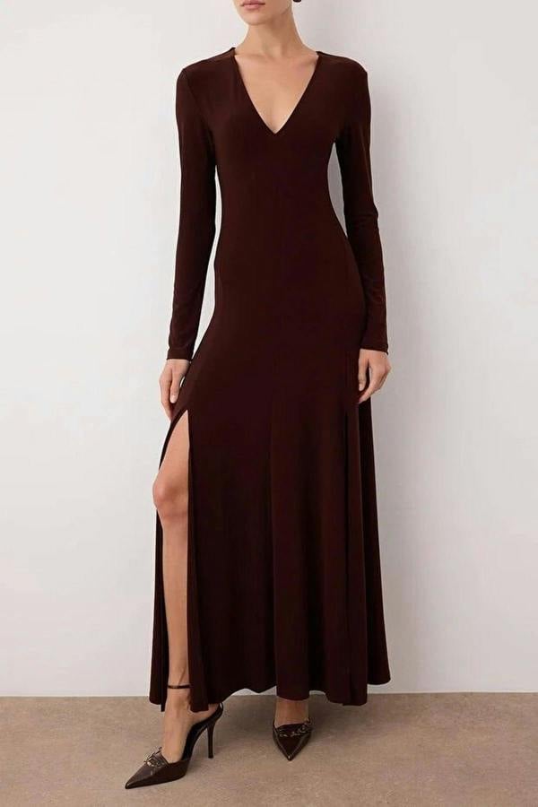 WOVCOR V-Neck Skater Stretchy Maxi Knit Dress