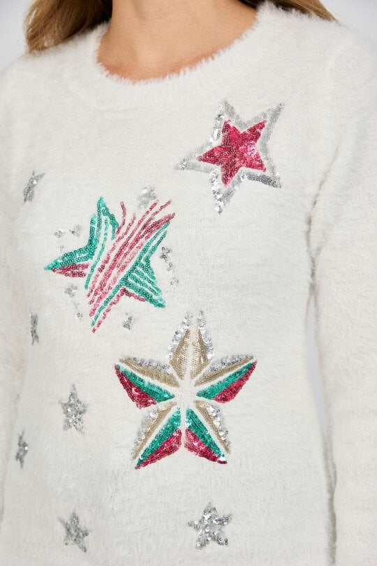 Mudflower Embellished Star Burst Fluffy Yarn Christmas Jumper