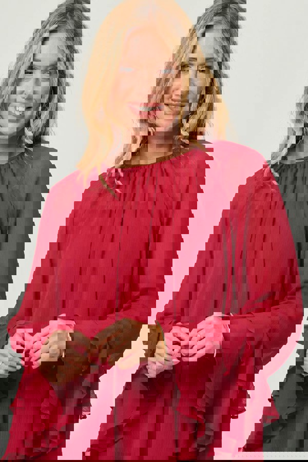 Red | Semi Sheer Long Sleeve Ruffled Blouse
