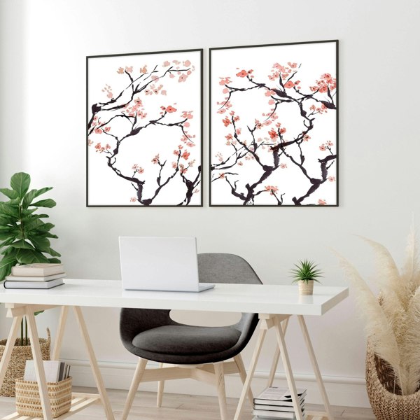 Cherry blossom wall art for home office | Set of 2 wall art prints