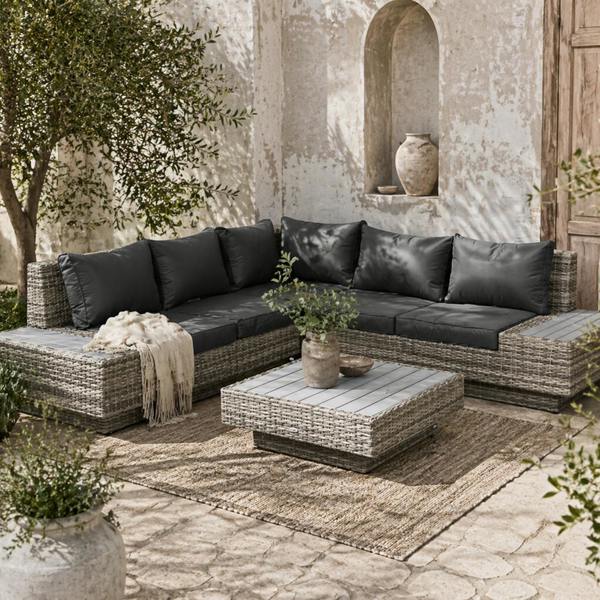 Wyld Haus Vaneno Rattan Light Grey 5 Seater Outdoor Corner Sofa And Coffee Table Set With Cushions