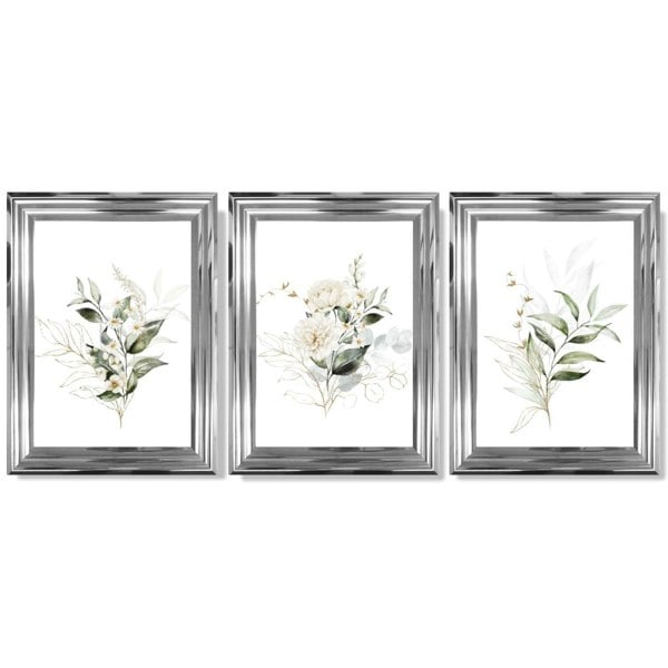 White an Green Floral Bouquets Set of 3 Framed Art Prints with Glossy Chrome Frames